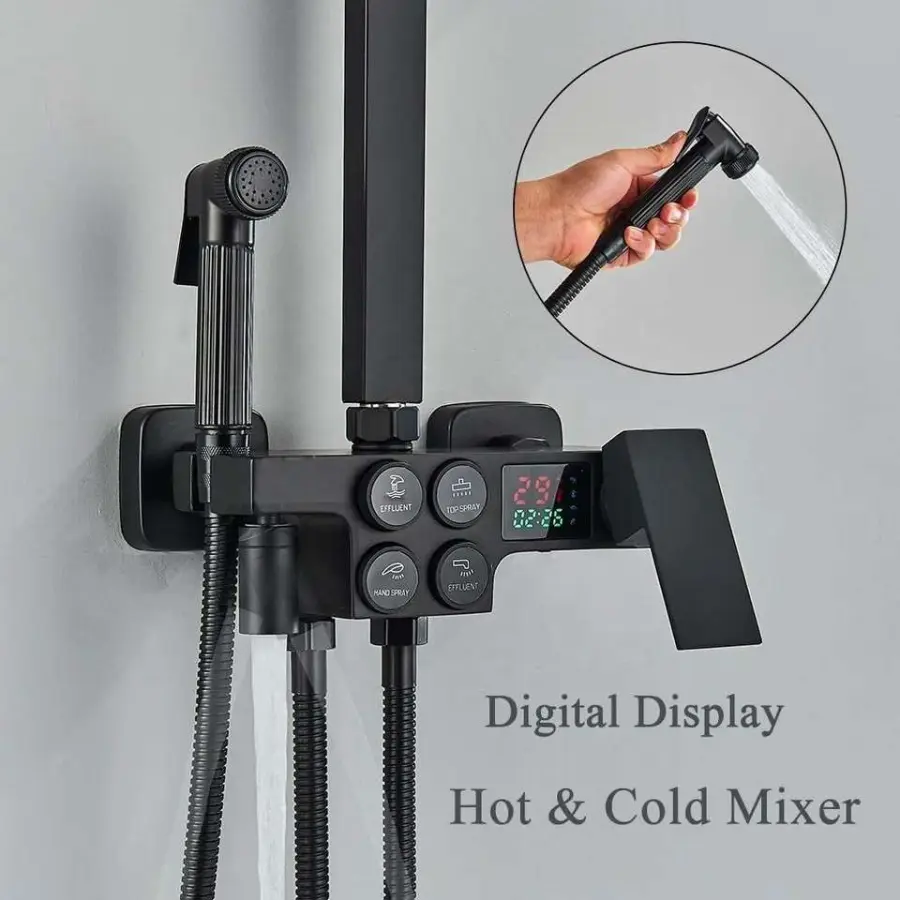 Wholesale Luxury Black Shower Four-button Brass Brush Surface Hot Water Faucet Ceramic Shower Faucet Set From the Manufacturer — image 4