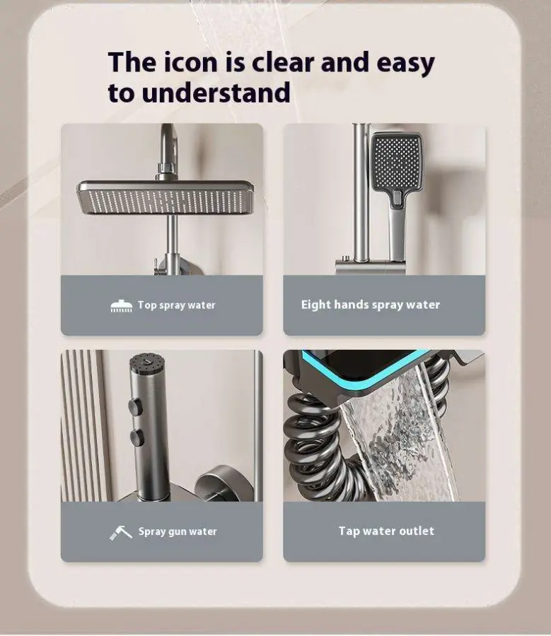 Customized Multi-functionality High-quality Temperature Display Smart LED Black Gray and White Piano Key Faucet Shower Set — image 6