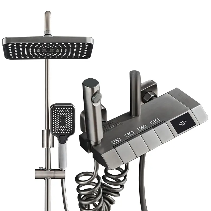 Digital Display Intelligent Grand Piano Key Ceramic Valve Massage Soft Rain Pressurized Faucet Gun Grey Shower Set — view 1
