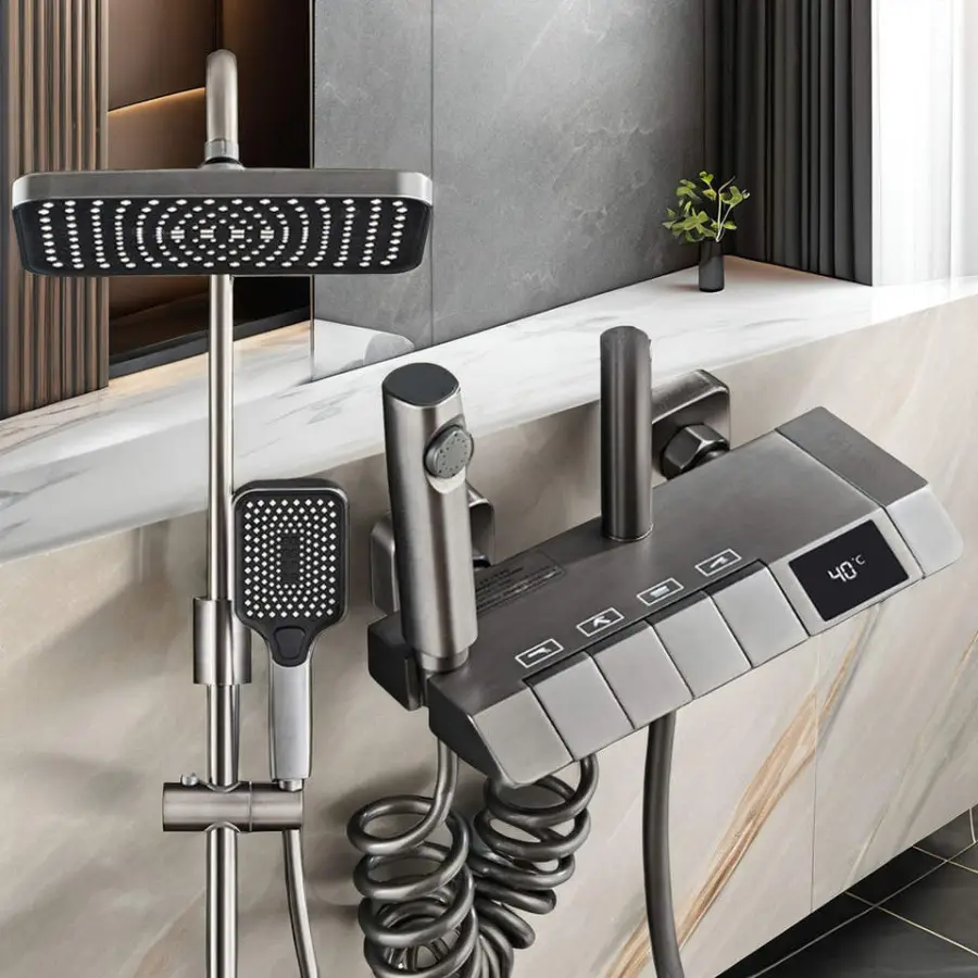 Digital Display Intelligent Grand Piano Key Ceramic Valve Massage Soft Rain Pressurized Faucet Gun Grey Shower Set — image 3