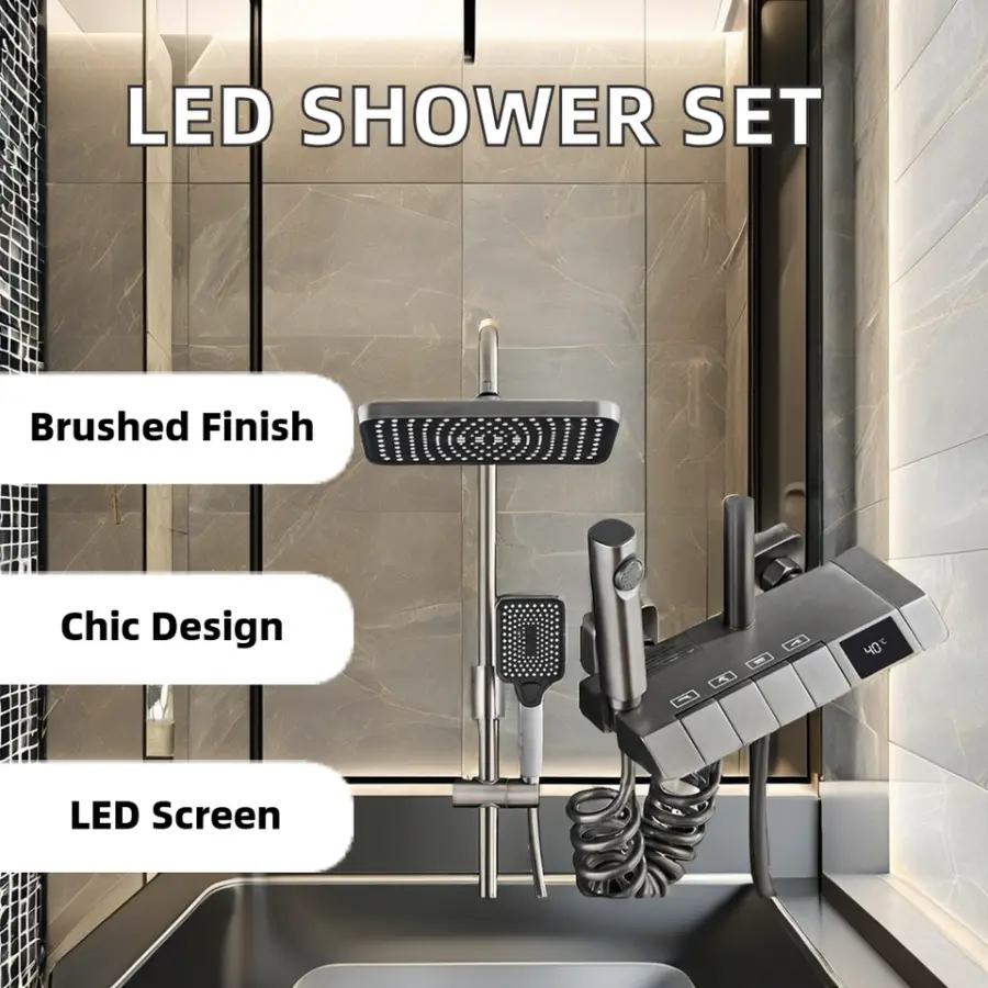 Digital Display Intelligent Grand Piano Key Ceramic Valve Massage Soft Rain Pressurized Faucet Gun Grey Shower Set — image 4