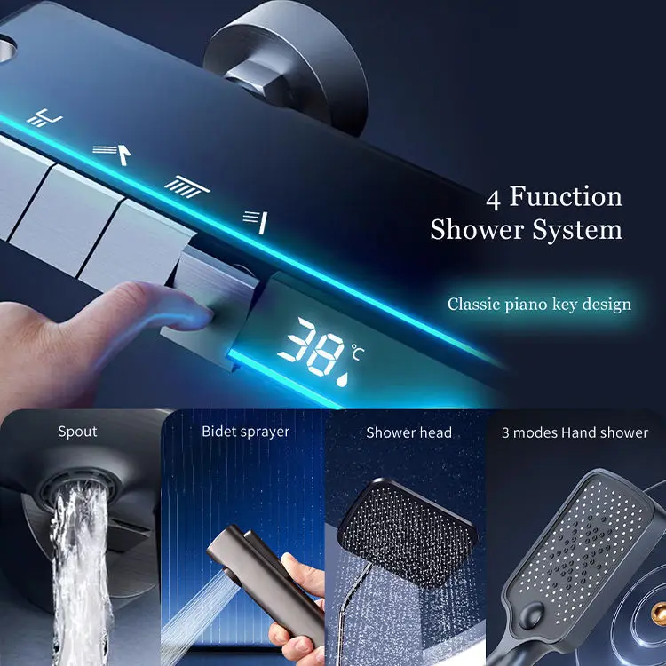 Intelligent multi-functional light-emitting diode silver piano key temperature digital display soft shower faucet set — image 5