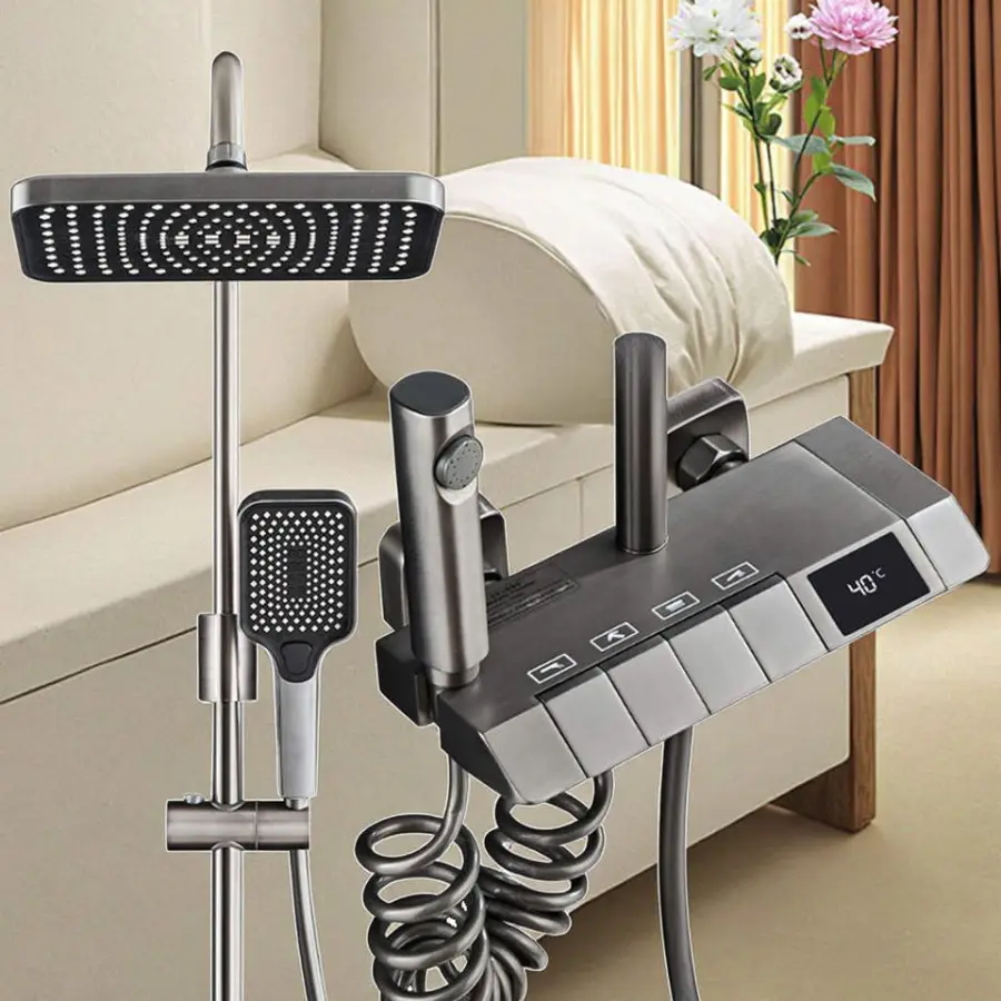 Digital Display Intelligent Grand Piano Key Ceramic Valve Massage Soft Rain Pressurized Faucet Gun Grey Shower Set — image 5