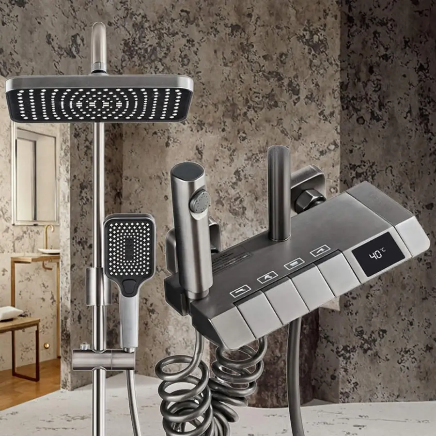 Digital Display Intelligent Grand Piano Key Ceramic Valve Massage Soft Rain Pressurized Faucet Gun Grey Shower Set — image 6