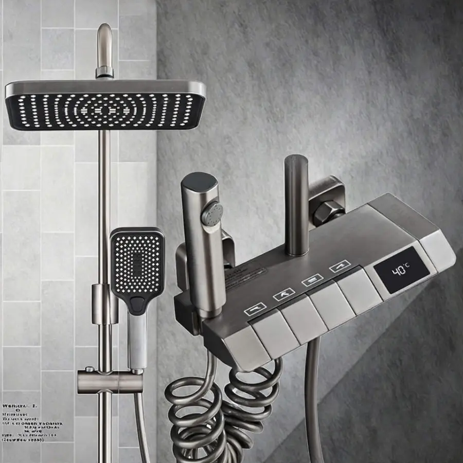 Digital Display Intelligent Grand Piano Key Ceramic Valve Massage Soft Rain Pressurized Faucet Gun Grey Shower Set — image 7