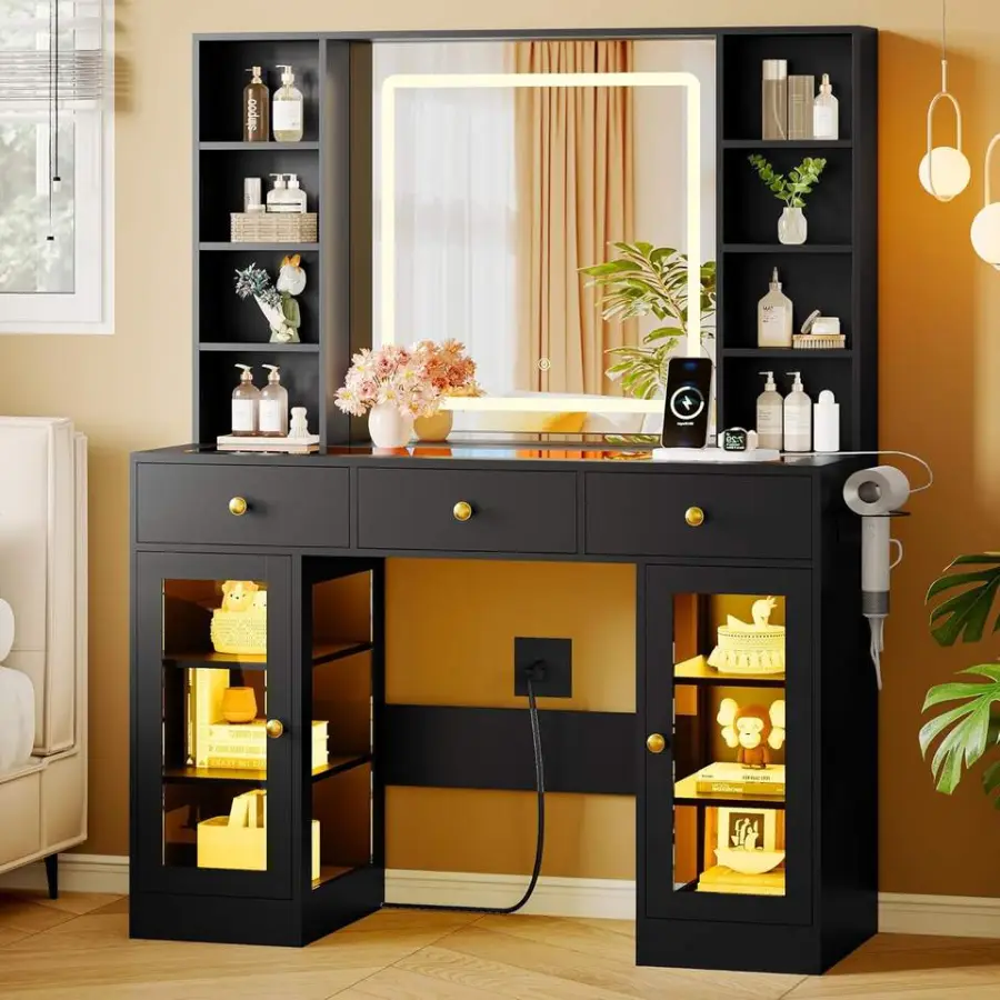 Black Makeup Vanity Desk with HD Lighted Mirror & Power Outlet, Glass Top Vanity Table with Drawers & Cabinets, 3 Lighti — view 1