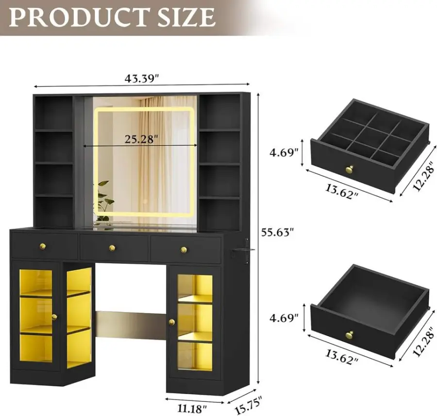 Black Makeup Vanity Desk with HD Lighted Mirror & Power Outlet, Glass Top Vanity Table with Drawers & Cabinets, 3 Lighting Modes — image 3