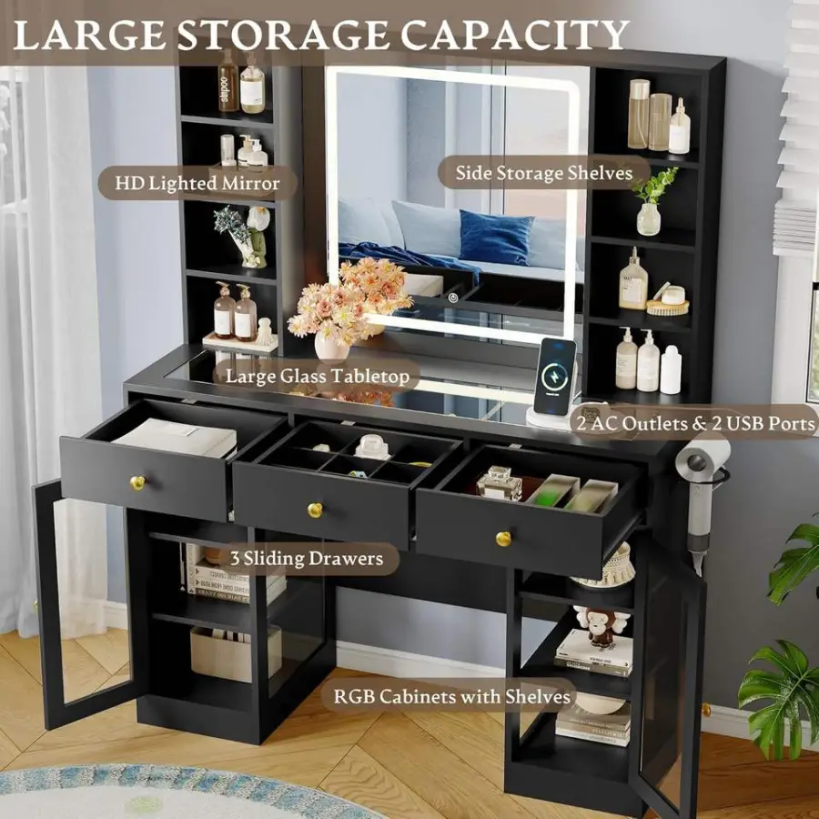 Black Makeup Vanity Desk with HD Lighted Mirror & Power Outlet, Glass Top Vanity Table with Drawers & Cabinets, 3 Lighting Modes — image 5