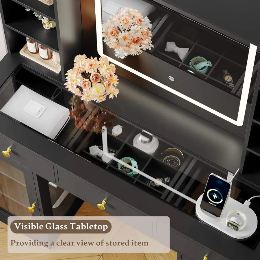 Black Makeup Vanity Desk with HD Lighted Mirror & Power Outlet, Glass Top Vanity Table with Drawers & Cabinets, 3 Lighting Modes — image 6