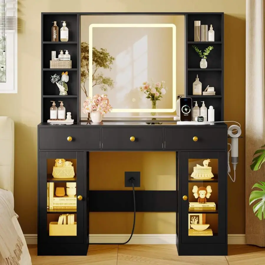 Black Makeup Vanity Desk with HD Lighted Mirror & Power Outlet, Glass Top Vanity Table with Drawers & Cabinets, 3 Lighting Modes — image 7