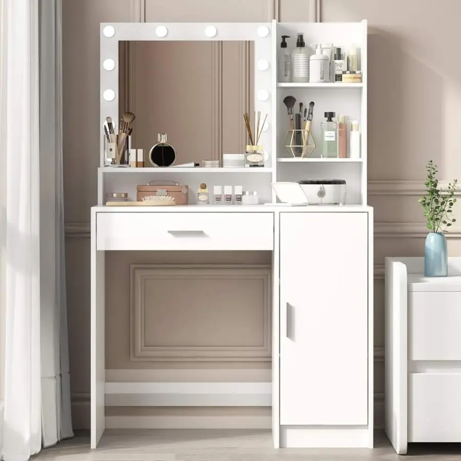 Modern White Vanity Desk with LED Mirror & Lights, 3 Color Modes, Built-in Power Outlet, Large Drawer & 3-Level Storage — view 1