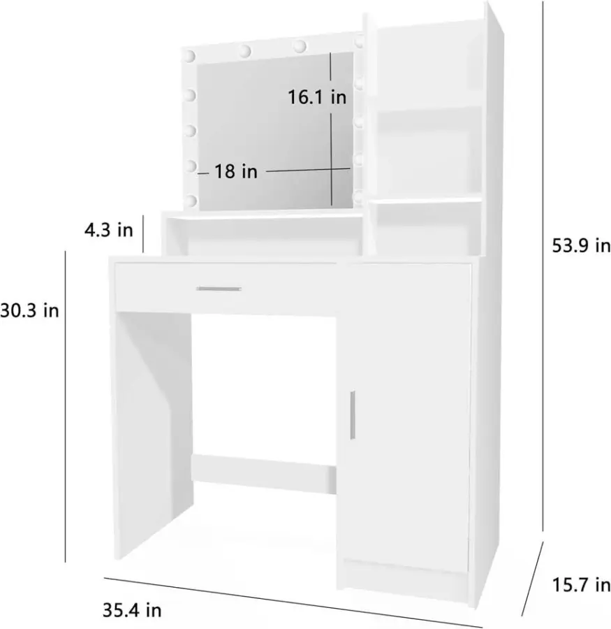 Modern White Vanity Desk with LED Mirror & Lights, 3 Color Modes, Built-in Power Outlet, Large Drawer & 3-Level Storage — image 3
