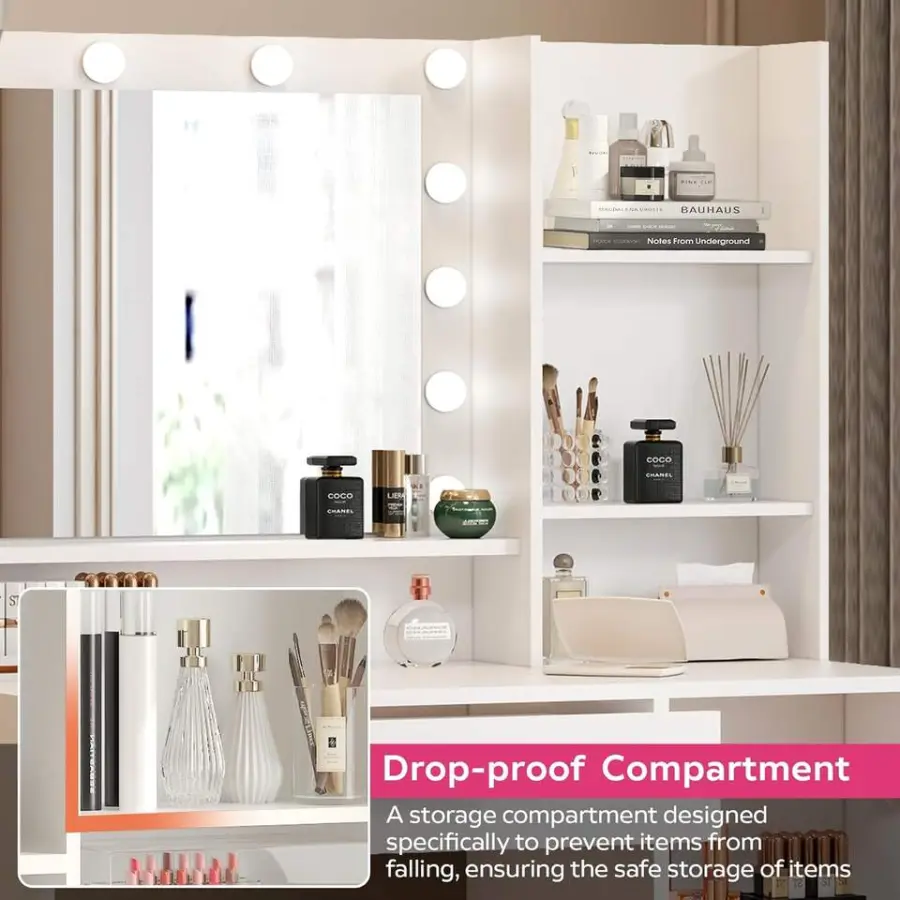 Modern White Vanity Desk with LED Mirror & Lights, 3 Color Modes, Built-in Power Outlet, Large Drawer & 3-Level Storage — image 4