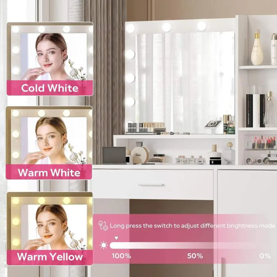 Modern White Vanity Desk with LED Mirror & Lights, 3 Color Modes, Built-in Power Outlet, Large Drawer & 3-Level Storage — image 5