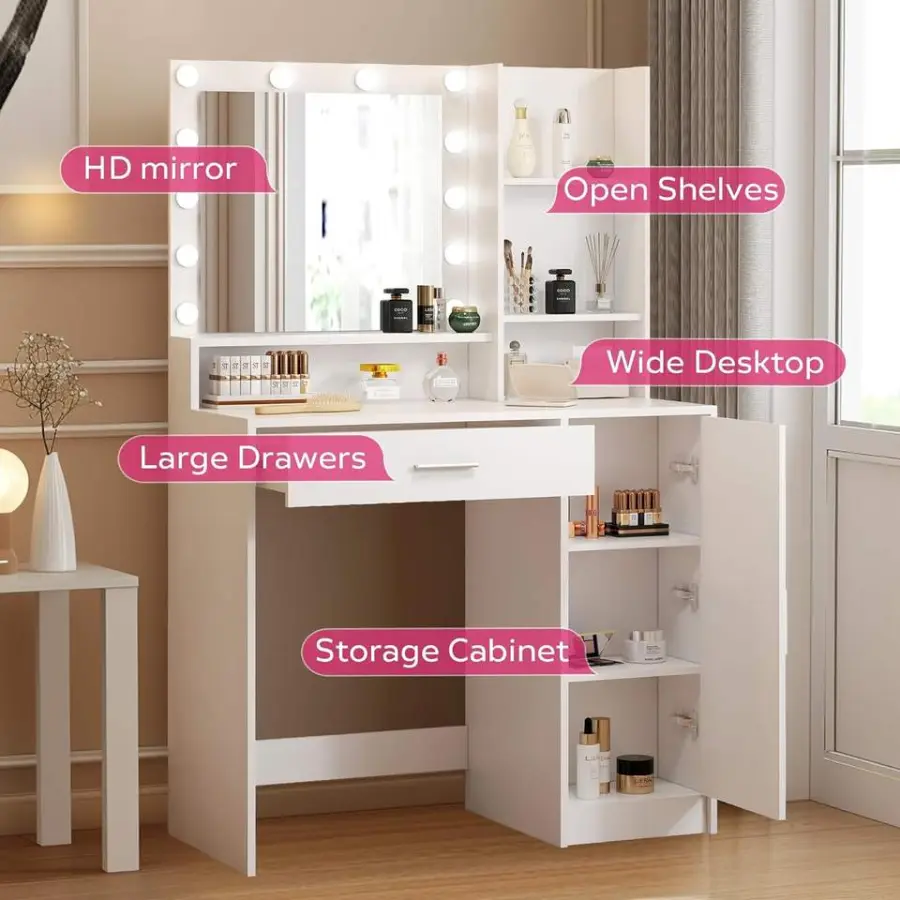 Modern White Vanity Desk with LED Mirror & Lights, 3 Color Modes, Built-in Power Outlet, Large Drawer & 3-Level Storage — image 6