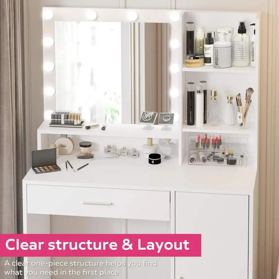 Modern White Vanity Desk with LED Mirror & Lights, 3 Color Modes, Built-in Power Outlet, Large Drawer & 3-Level Storage — image 7