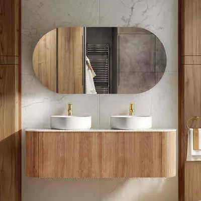 Customized Modern Wood Grain Floor Standing Bathroom Vanity with Cloud Shape Irregular Mirror Marble Top for Bathroom — image 3