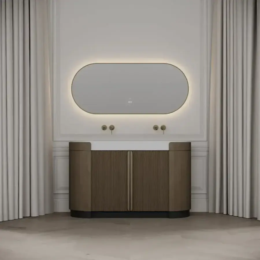 Customized Modern Wood Grain Floor Standing Bathroom Vanity with Cloud Shape Irregular Mirror Marble Top for Bathroom — image 4