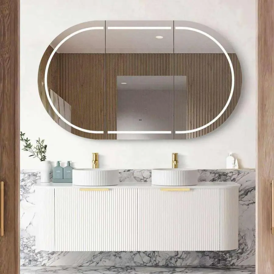 Customized Modern Wood Grain Floor Standing Bathroom Vanity with Cloud Shape Irregular Mirror Marble Top for Bathroom — image 5