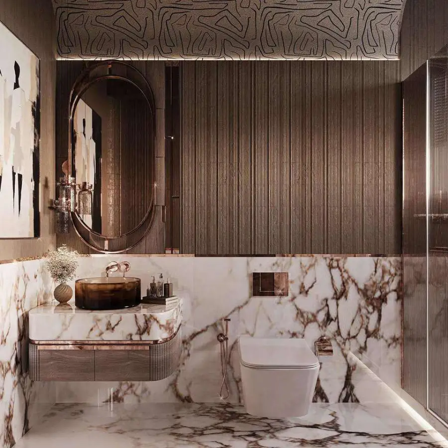 Customized Modern Wood Grain Floor Standing Bathroom Vanity with Cloud Shape Irregular Mirror Marble Top for Bathroom — image 6