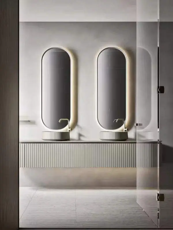 Customized Modern Wood Grain Floor Standing Bathroom Vanity with Cloud Shape Irregular Mirror Marble Top for Bathroom — image 7