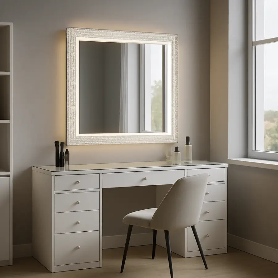 Customized Modern Luxury White Makeup Vanity with Crystal Frame LED Mirror Glass Top 9 Drawers Gold Handles for Hotel Villa — image 3