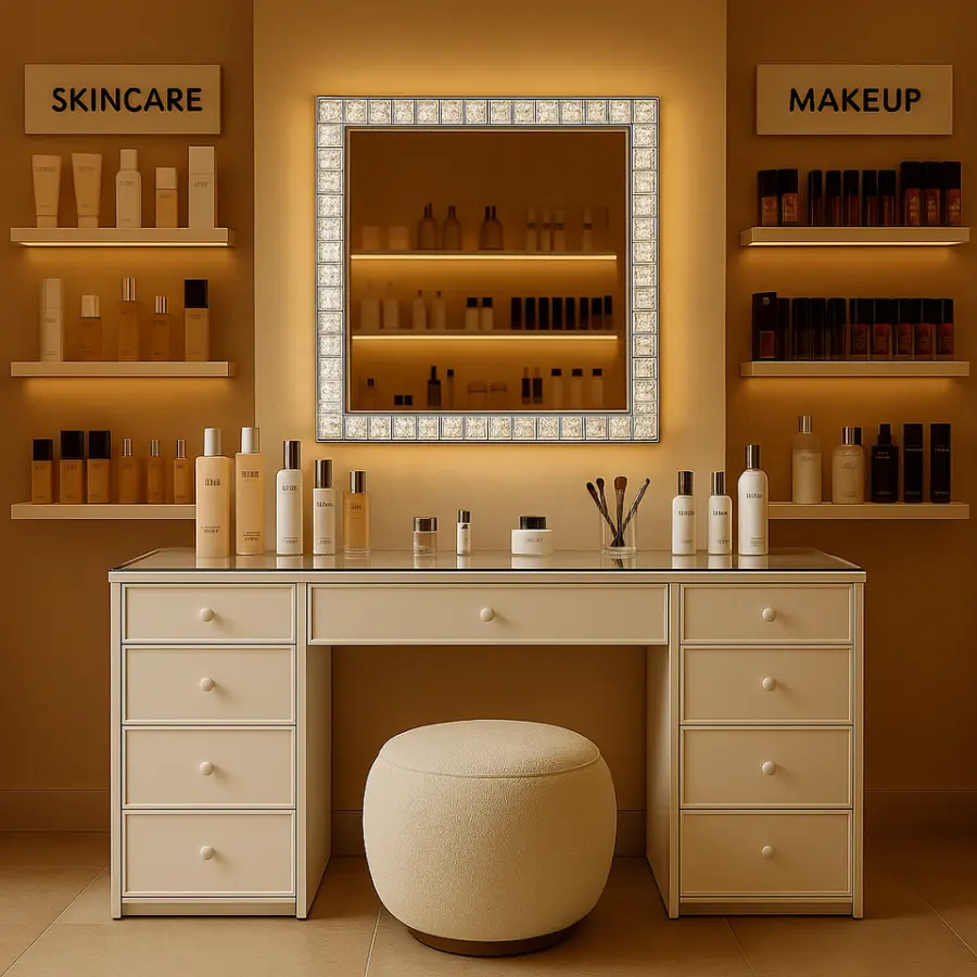 Customized Modern Luxury White Makeup Vanity with Crystal Frame LED Mirror Glass Top 9 Drawers Gold Handles for Hotel Villa — image 4