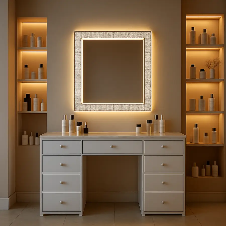Customized Modern Luxury White Makeup Vanity with Crystal Frame LED Mirror Glass Top 9 Drawers Gold Handles for Hotel Villa — image 5