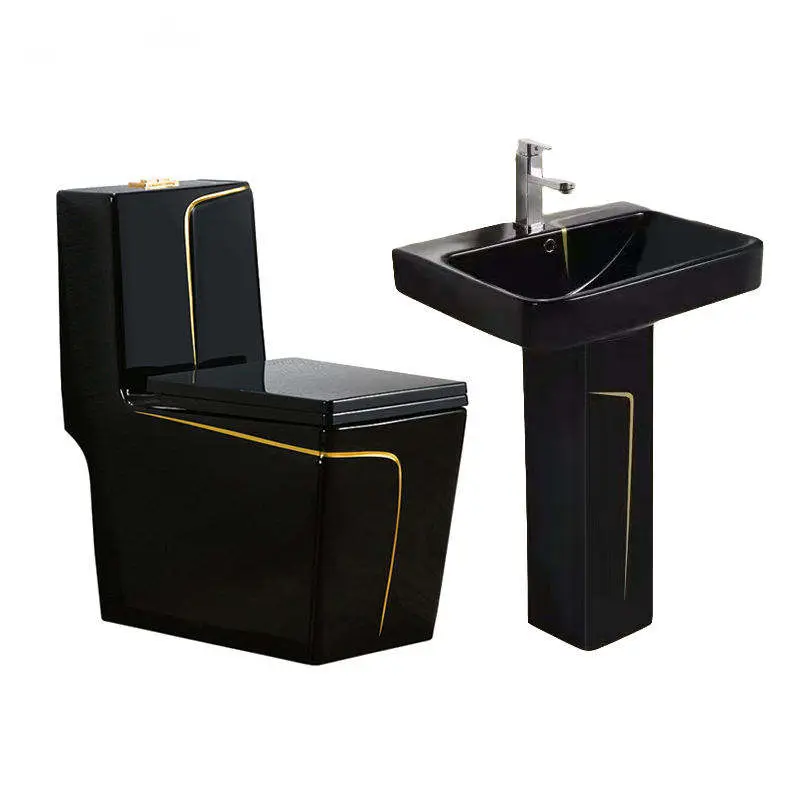 Luxury Premium Glossy Black Ceramic Gold Trim Water Saving Anti Odor Easy Clean Toilet and Pedestal Sink Combo for Apart — view 1