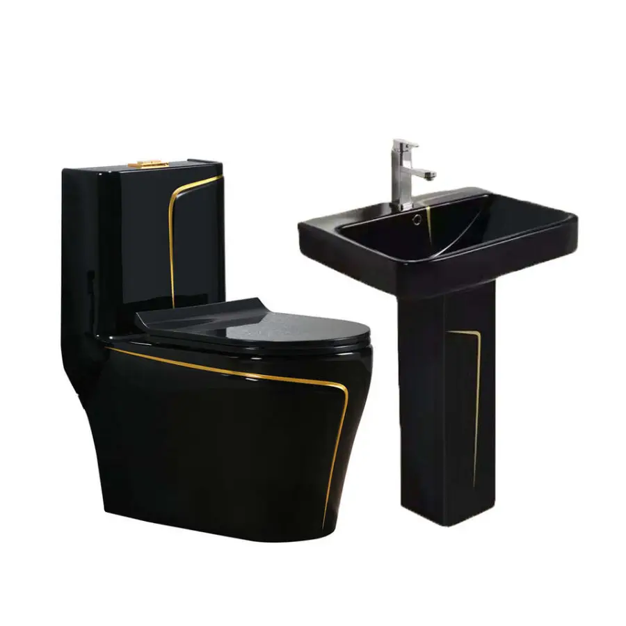 Luxury Premium Glossy Black Ceramic Gold Trim Water Saving Anti Odor Easy Clean Toilet and Pedestal Sink Combo for Apartment — image 3