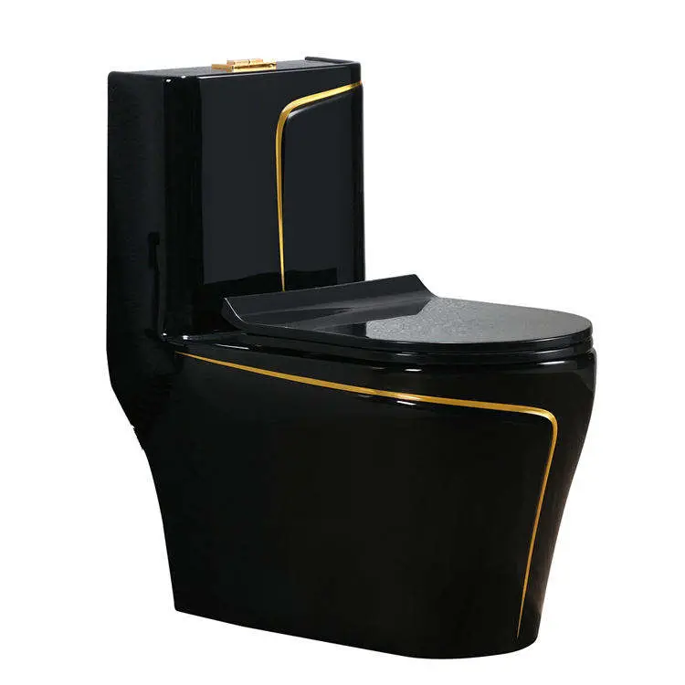 Luxury Premium Glossy Black Ceramic Gold Trim Water Saving Anti Odor Easy Clean Toilet and Pedestal Sink Combo for Apartment — image 5