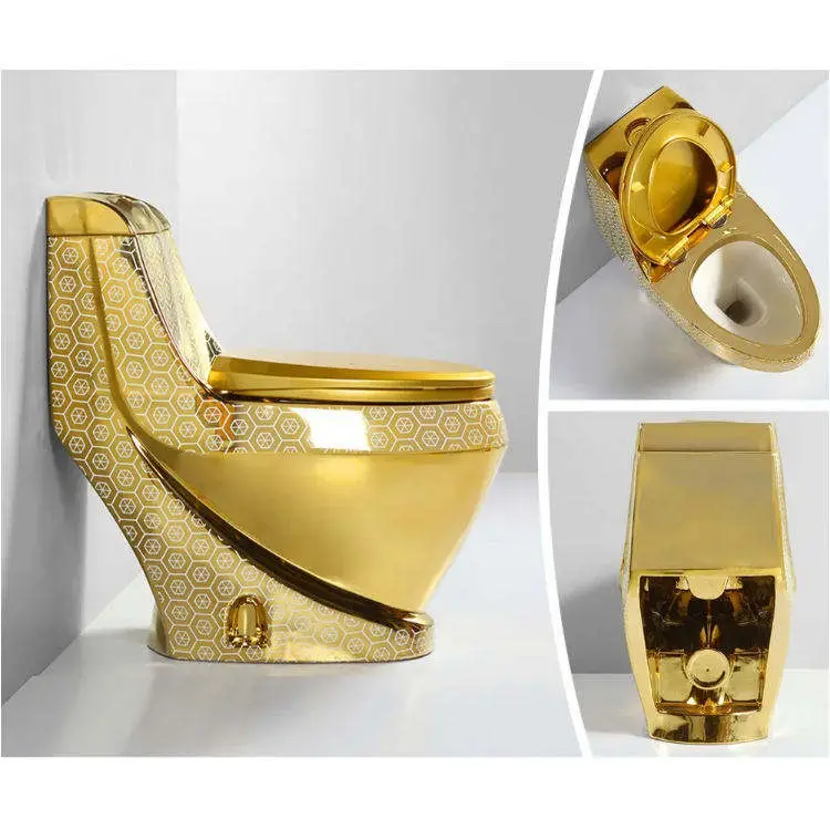 Luxury Premium Full Gold Plated Mirror Finish Fade Resistant Scratch Resistant Hexagon Pattern Golden Smart Toilet for Hotel — image 7