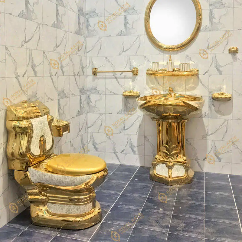 Luxury Premium Full Gold Plated Mirror Finish Fade Resistant Scratch Resistant Ornate Carved Golden Toilet for Luxury Renovation — image 7