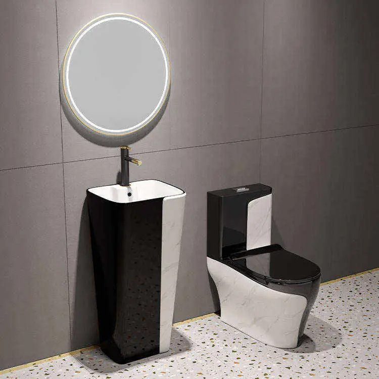 Luxury Premium Marble Pattern Gold Trim Water Saving Anti Odor Easy Clean One Piece Toilet and Basin Set for Bathroom — image 4