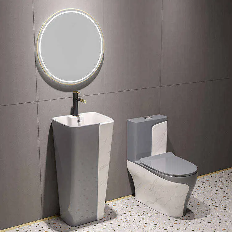Luxury Premium Marble Pattern Gold Trim Water Saving Anti Odor Easy Clean One Piece Toilet and Basin Set for Bathroom — image 5