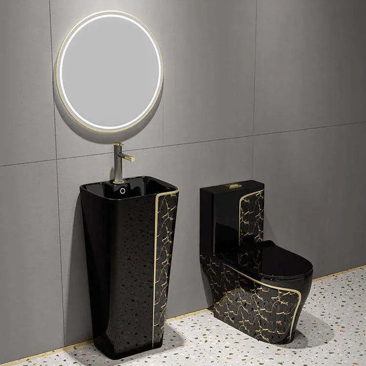 Luxury Premium Marble Pattern Gold Trim Water Saving Anti Odor Easy Clean One Piece Toilet and Basin Set for Bathroom — image 6