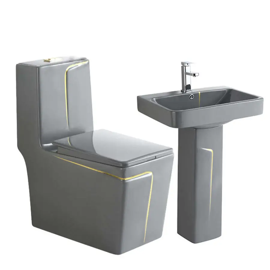 Contemporary Premium High Temperature Fired Grey Ceramic Siphonic Powerful Flush One Piece Toilet and Basin Set for Bath — view 1