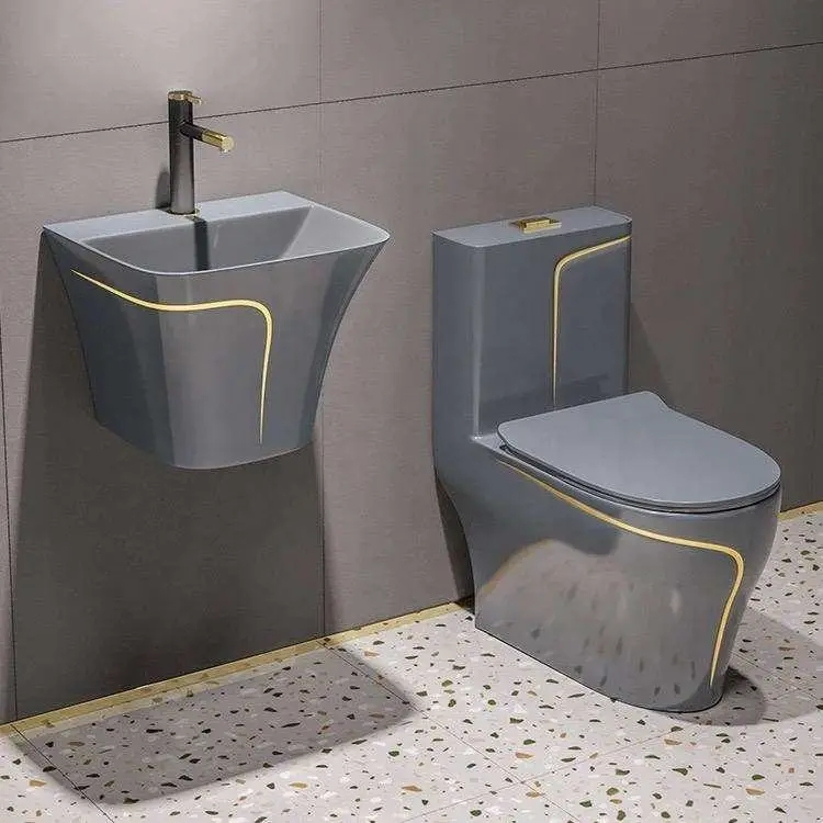 Customized Wall-mounted Colored Pattern S-shaped Ceramic Integrated Double-flush Anti-odor Floor Toilet with Washbasin — view 1