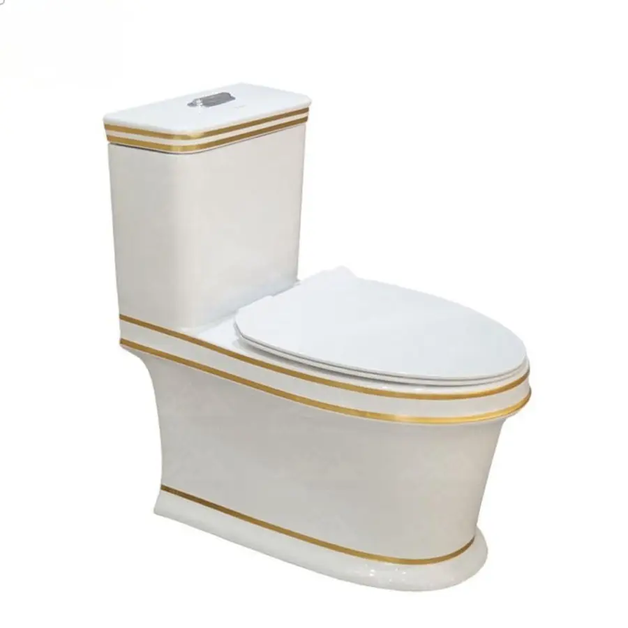 Customized Wholesale Low-price White and Gold Decorated One-piece WC Luxury Home Bathroom Toilet — view 1