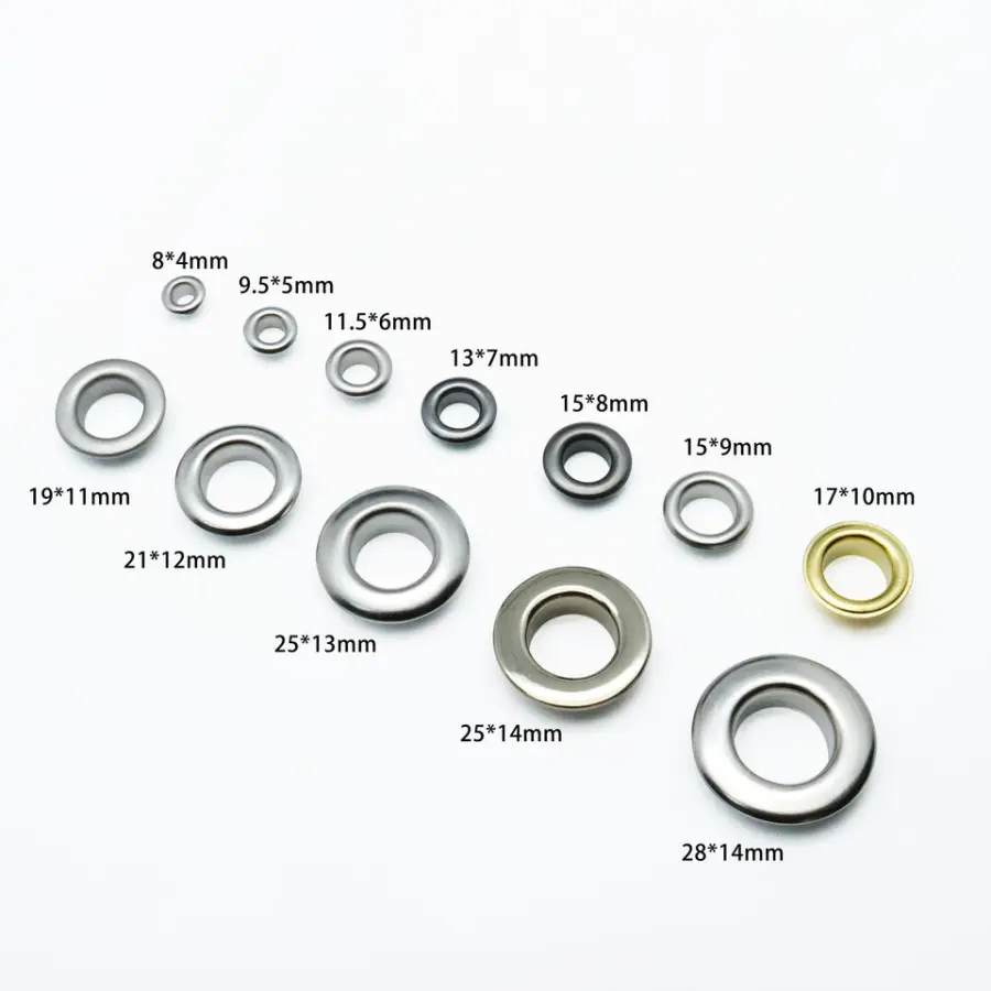 Custom Stainless Steel Garment Eyelets 5mm 12mm 15mm Flat Edge Metal Eyelets Usage for Bags Banner Eyelets — view 2