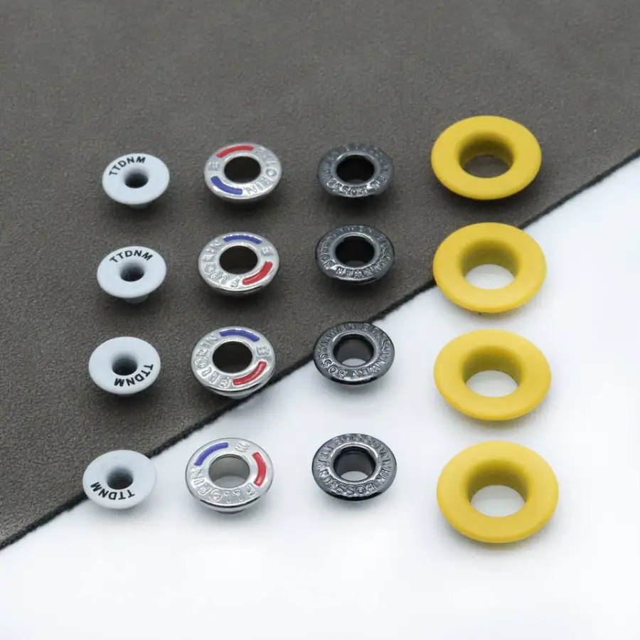 Custom Stainless Steel Garment Eyelets 5mm 12mm 15mm Flat Edge Metal Eyelets Usage for Bags Banner Eyelets — view 6