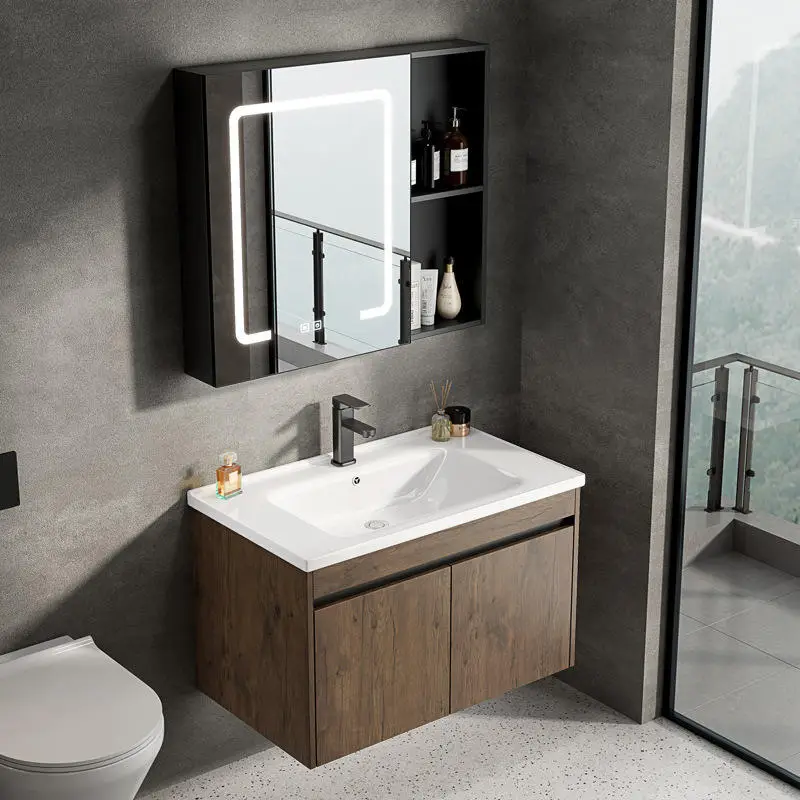 Bathroom Vanity With a Floating Ceramic Countertop Integrated with a Washbasin and a Stone Bathroom Dressing Table — view 1