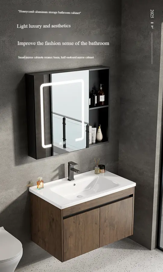 Bathroom Vanity With a Floating Ceramic Countertop Integrated with a Washbasin and a Stone Bathroom Dressing Table — image 2
