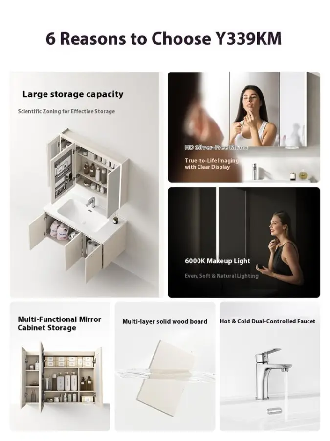 Modern Style Solid Wood Wall Hung Smart Mirror Storage Cabinet Bathroom Vanity with Ceramic Basin and Hotel Use — image 3