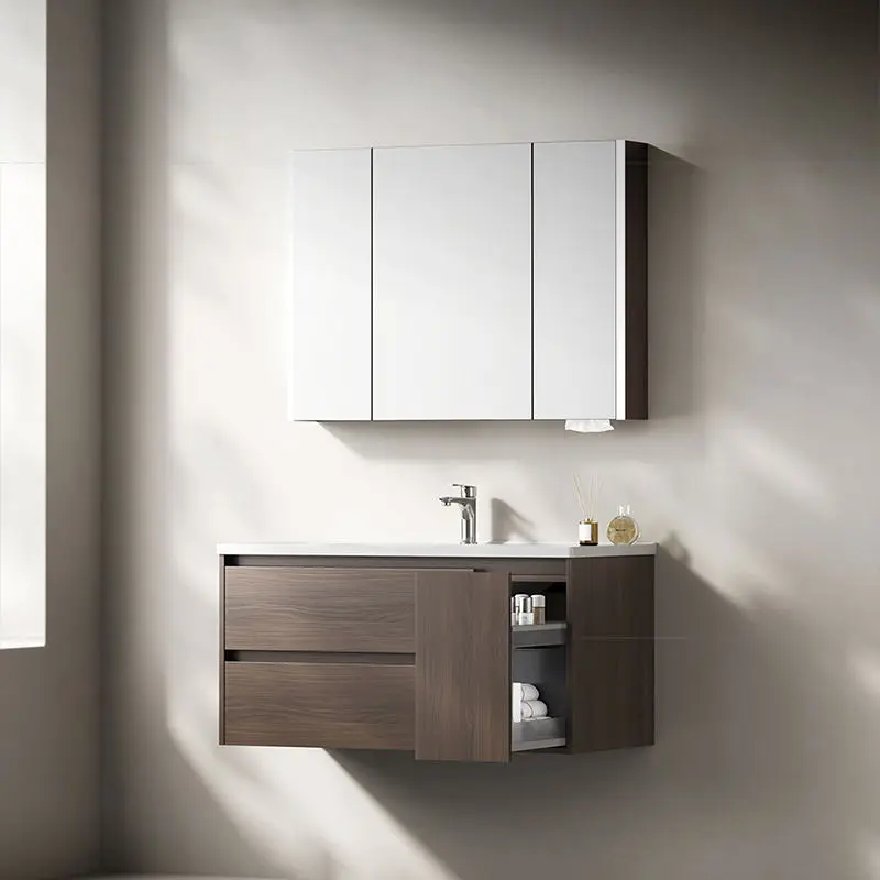 Modern Style One-Piece Walnut Wood Ceramic Basin Wall-Mounted LED Bathroom Cabinet Water-Resistant Vanity 5-Year Warrant — view 1