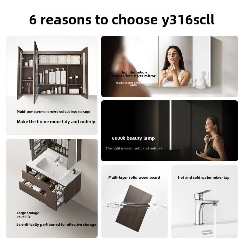 Modern Style One-Piece Walnut Wood Ceramic Basin Wall-Mounted LED Bathroom Cabinet Water-Resistant Vanity 5-Year Warranty New — image 3