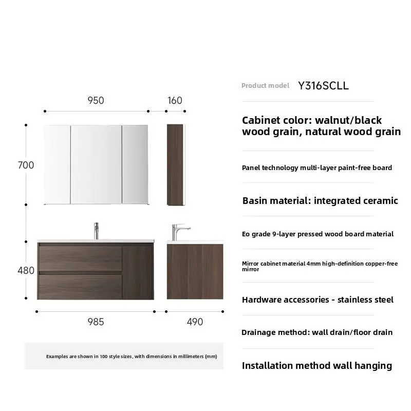 Modern Style One-Piece Walnut Wood Ceramic Basin Wall-Mounted LED Bathroom Cabinet Water-Resistant Vanity 5-Year Warranty New — image 4
