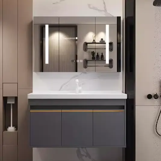 Modern Minimalist Gray Wooden MDF Wall-Mounted Bathroom Vanity Combo LED Illuminated Mirror Stain-Resistant Ceramic Basi — view 1