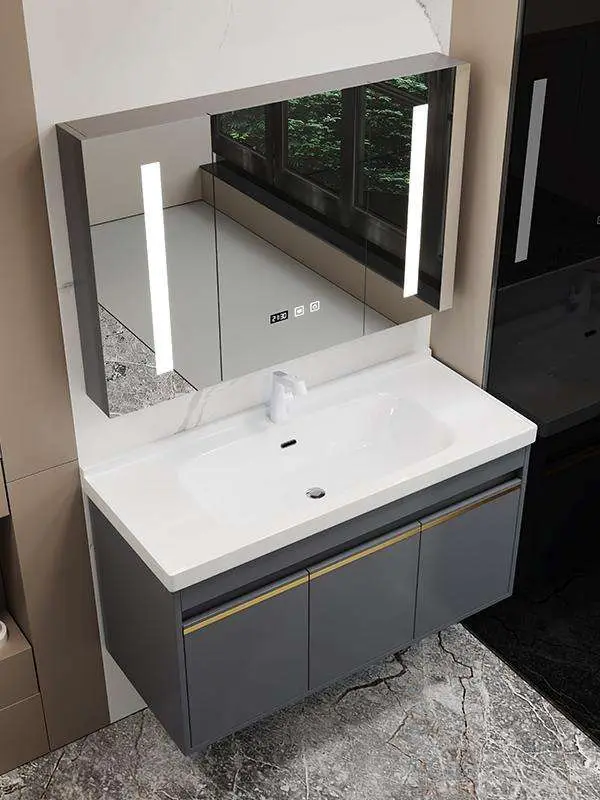 Modern Minimalist Gray Wooden MDF Wall-Mounted Bathroom Vanity Combo LED Illuminated Mirror Stain-Resistant Ceramic Basi — view 2