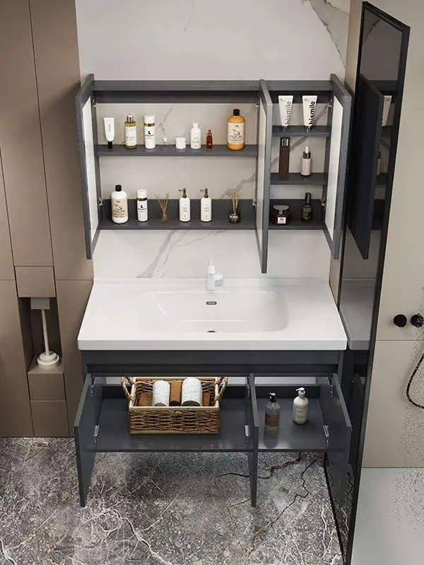Modern Minimalist Gray Wooden MDF Wall-Mounted Bathroom Vanity Combo LED Illuminated Mirror Stain-Resistant Ceramic Basi — view 3